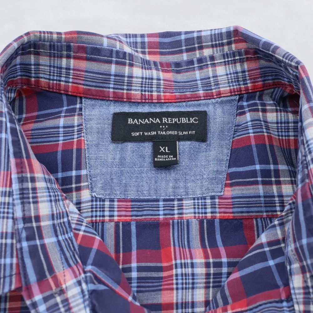 Banana Republic Mens XL Soft Wash Tailored Slim Fit Plaid Button Down Shirt Blue